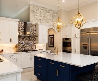 ornate kitchen with a blue island